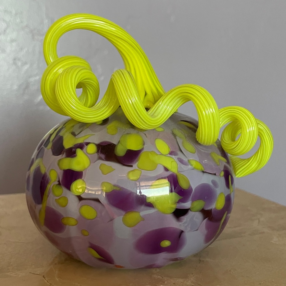 Artistic Glass Handmade Purple Pumpkin & Yellow Swirl Stem! Signed!